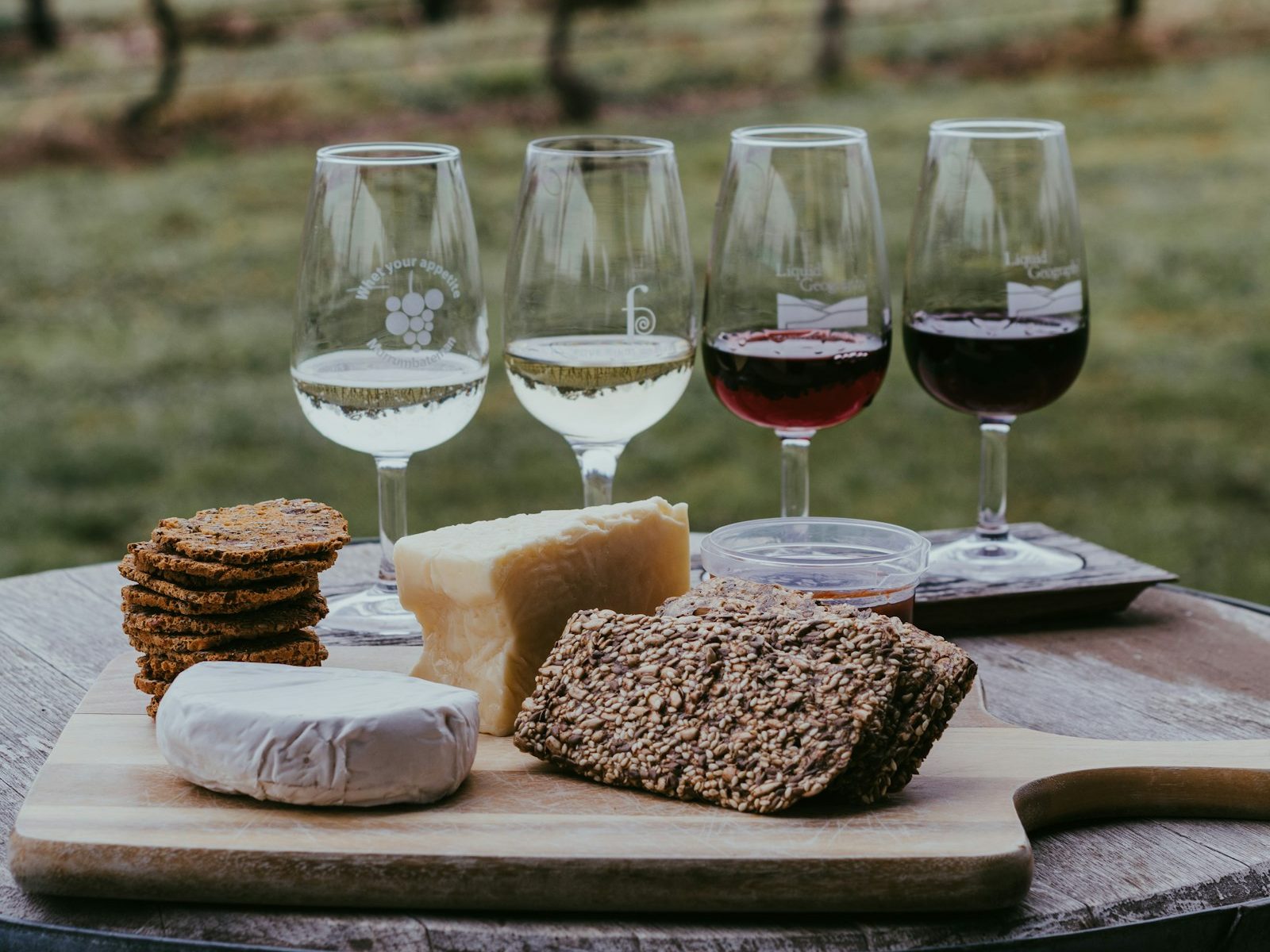A tasting flight of four wines with cheese and crackers on a table among the vines